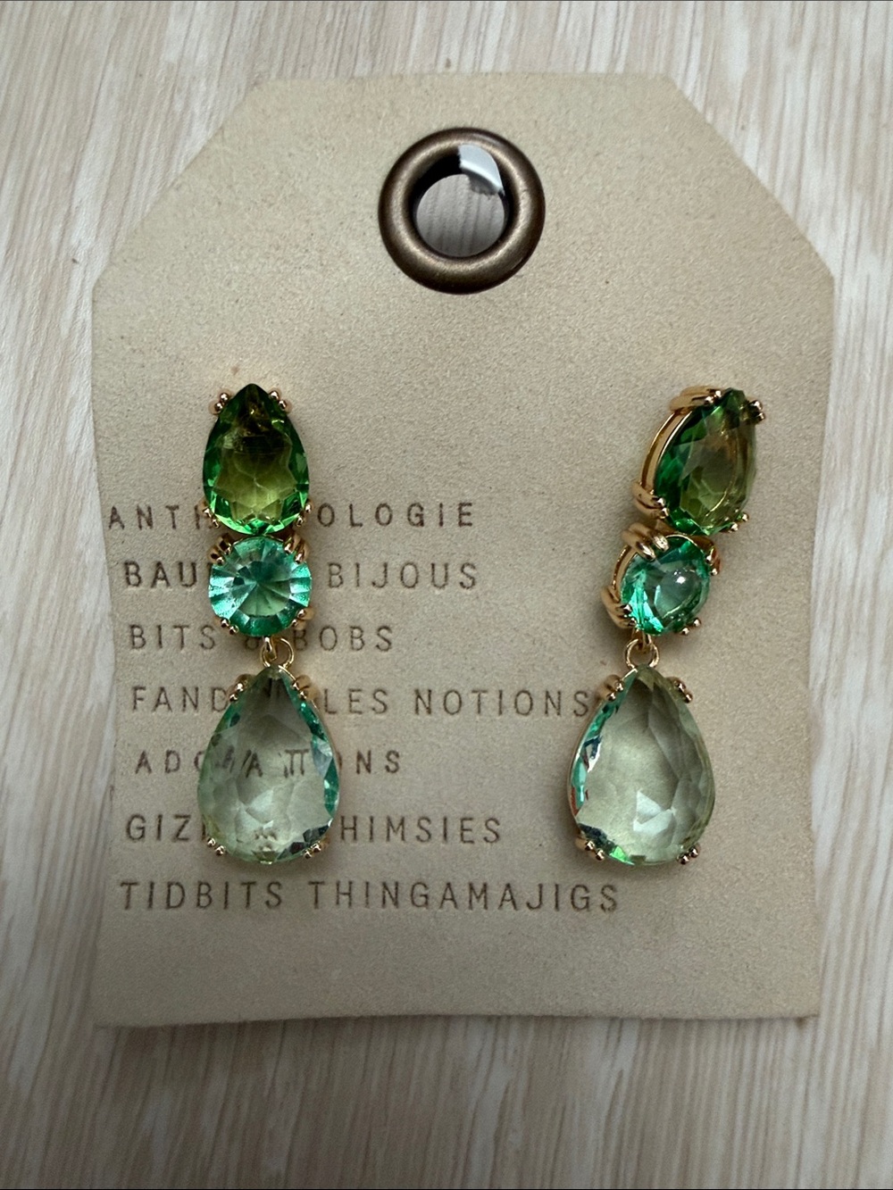 Anthropologie Gold-Set Light Green Teardrop Dangle Earrings - Picture 2 of 11